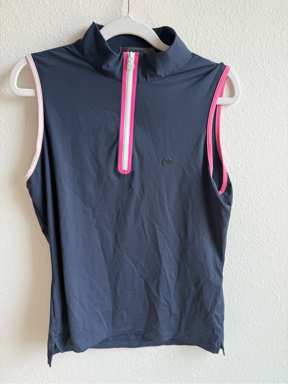 G/FORE Womens Navy and Pink Silky Tech Nylon Quarter Zip Sleeveless Golf Polo
